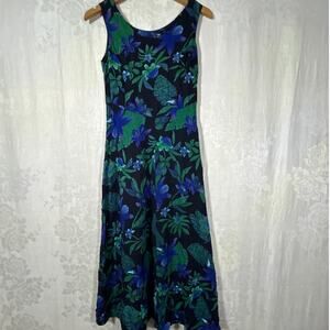 California Krush Hawaiian Midi Dress Small Black Purple Green Lace Up Back Aloha